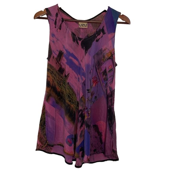 URU Purple Harmony Pink Tank Silk Art Print Womens 2/ Large Flowy Made In USA - Picture 1 of 9